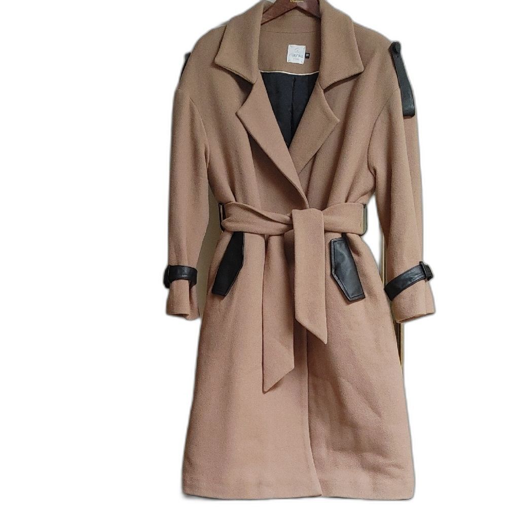 Koshka Mashka Paris Tan Wool Trench Coat Brown Leather Trim FR 38 / US Medium